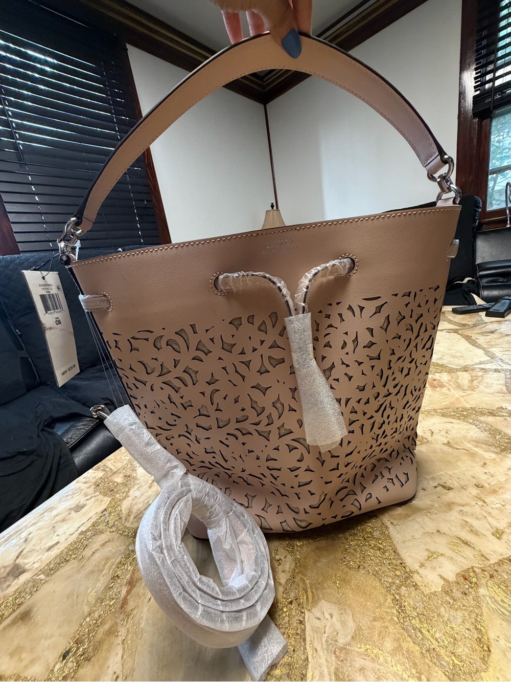 Lauren Ralph Lauren Taupe Laser-Cut Bucket Tote